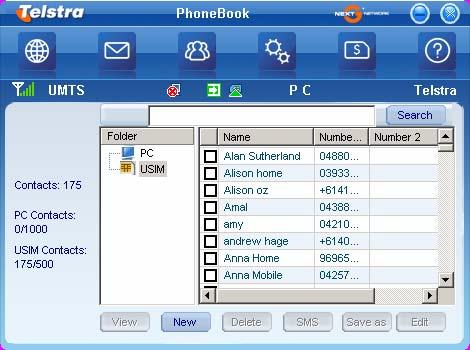 3.5 PhoneBook Click the PhoneBook icon Contacts can be saved on the PC or directly on the USIM card.