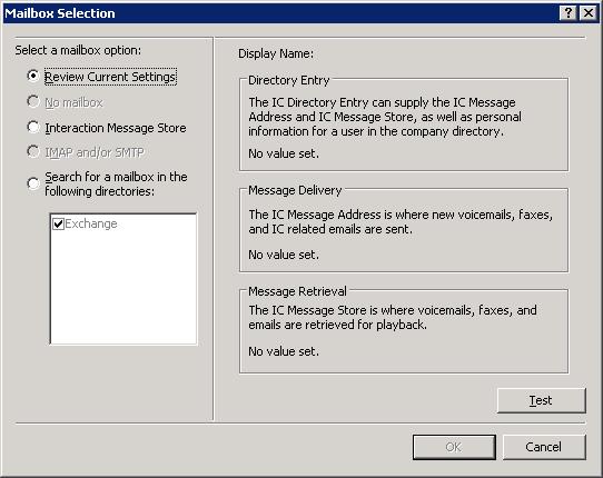 88 Microsoft Exchange Web Services-based integration Mailbox Selection dialog box 7. On the Mailbox Selection dialog box, click Search for a mailbox in the following directories and select Exchange.