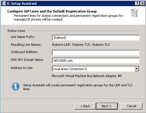 216 Run IC Setup Assistant SIP Lines and Default Registration Group IC Setup Assistant automatically creates three permanent internal SIP lines for station-to-station calls <Stations-UDP> (default),