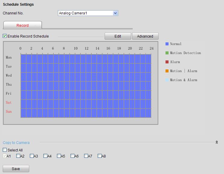 4. Choose the day in a week to configure scheduled recording. 5. Click Edit to edit record schedule.