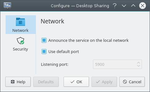 The Announce service on the local network checkbox controls whether Desktop Sharing announces the service over the local network using Service Location Protocol.