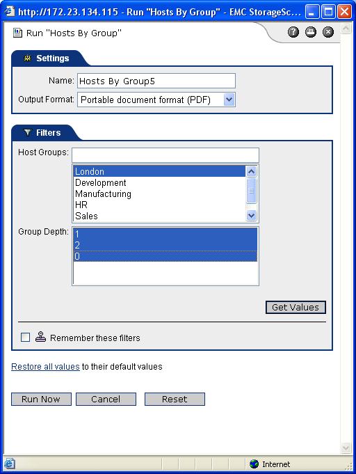 Figure 9. Run Hosts by Group window The settings tab allows the user to change the name of the report output as well as choose the output format. Available formats are PDF, XLS, HTML, RTF, and XML.