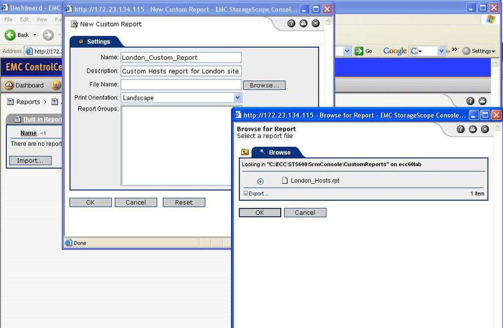 Figure 15. Importing a Custom report Once the custom Crystal Report has been imported, it appears in the Custom Reports list as shown in Figure 16.