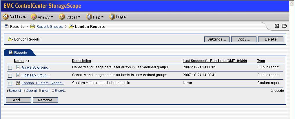 Once the reports have been added, they will show up under the report group. Figure 19 shows that three reports have been added to the London Reports report group.