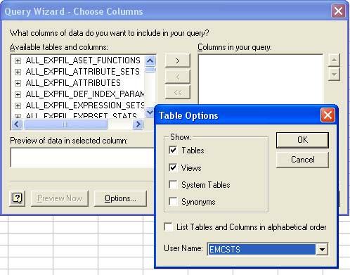 This will allow the user to select only those tables and views owned by the EMCSTS user; these are the tables and views containing ControlCenter StorageScope data. Figure 40.