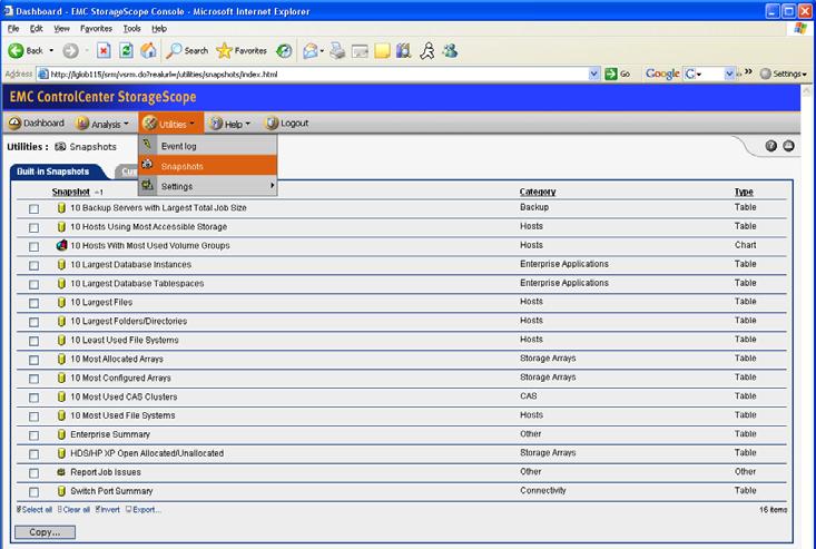 Figure 3. Snapshots The default snapshots mostly consist of top 10 lists, for example, the 10 Most Configured Arrays. There is also an enterprise summary snapshot.