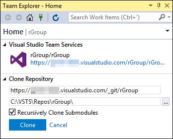 In the Team Explorer tool window on the right, change the local path to C:\VSTS\Repos\rGroup\. 11. Click the Clone button.