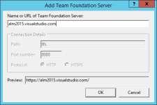If your newly created account is not selected and it is not in the dropdown list, click the Servers button. 6. In the Add/Remove Team Foundation Server dialog, click the Add button. 7.