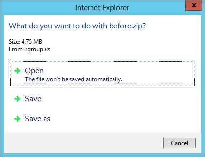On the main page, there will be a link to download the before.zip file. 3. Click the link. Internet Explorer will ask what you want to do with before.zip. Click Save as. 4.