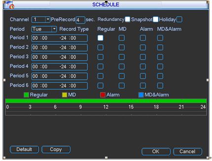 At the bottom of the menu, there are color bars for your reference. Green color stands for regular recording, yellow color stands for motion detection and red color stands for alarm recording.