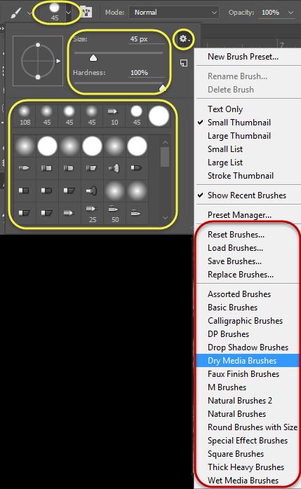 On the brush size dropdown, changes can be made to the size of the brush, measured in pixels, and the hardness of the brush, measured in percentages on the top of the dropdown.