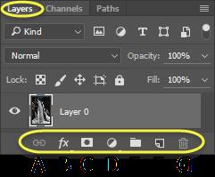 Reviewing the Layers Panel On the bottom of the layers panel, there are seven buttons that can be used for visual manipulation or layer organization. A.