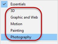 To see all prebuilt workspaces in Photoshop, click on the dropdown arrow on the right side of the Photoshop screen. To change a workspace, select the appropriate workspace from the dropdown.