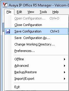 7. After all of the Avaya settings have been entered in the Manager application, the configuration changes must be submitted to the IP Office server. Click the File menu, then Save Configuration.