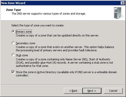 Select Primary zone Keep Store the zone in Active directory checked (default). 5.