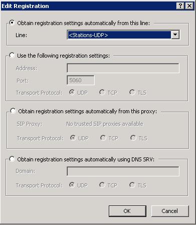 Edit Registration settings - <Default Registration Group> This registration is set to obtain registrations automatically from the default <Stations-UDP> line.
