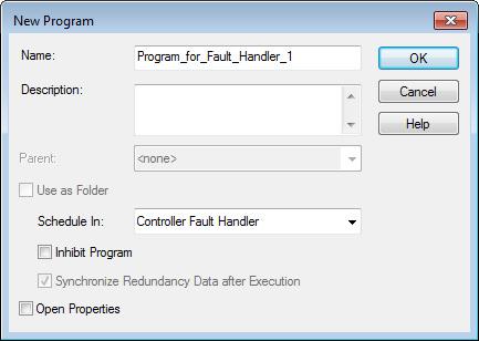 Chapter 1 Major Faults 2. On the New Program dialog box, in the Name field, type a program name.