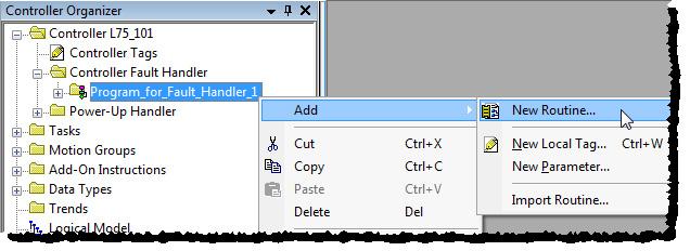 In the Controller Organizer, right-click the program you created in step 2 and click Add>New Routine. 5.