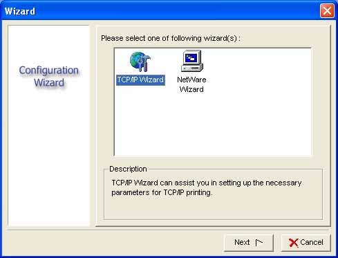 4.1.1 TCP/IP Wizard 1. Select TCP/IP Wizard in Configuration Wizard screen and click Next. 2. Select Obtain an IP address from DHCP server.
