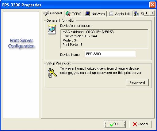 4.2 Print Server Properties.4.2.1 General In this option, you can modify the Device