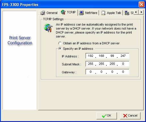 4.2.2 TCP/IP If there is a DHCP Server in your network, you may select Obtain an IP address from a DHCP server to let this FPS-3300 get the IP address from DHCP Server.