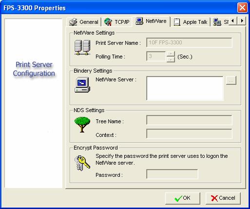 Netware Settings: Please type in the Print server that created during PCONSOLE. And set the Polling Time interval of the print server for waiting printing jobs on the NetWare server.