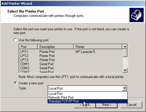 In the Printer Ports box, select Close. 9. Click Next. 10. Select the appropriate printer manufacturer and printer type list and click Next. 11. Select Shared.