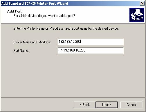 6. In the Add Standard TCP/IP Printer Port Wizard box as shown in the following picture,