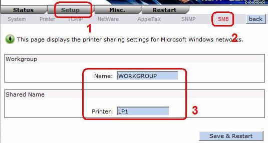 9. SMB Printing with Windows XP 1. Enable the SMB settings from the print server s WEB configuration. Assume your computers use the WORKGROUP as the SMB workgroup name in Windows.