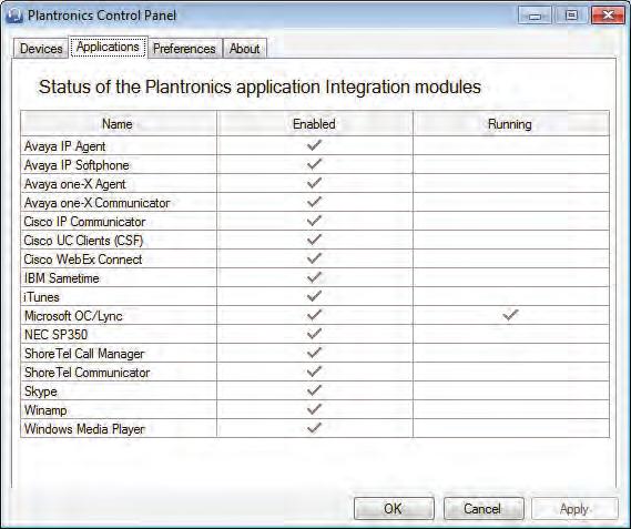 Applications tab Displays the status of Plantronics