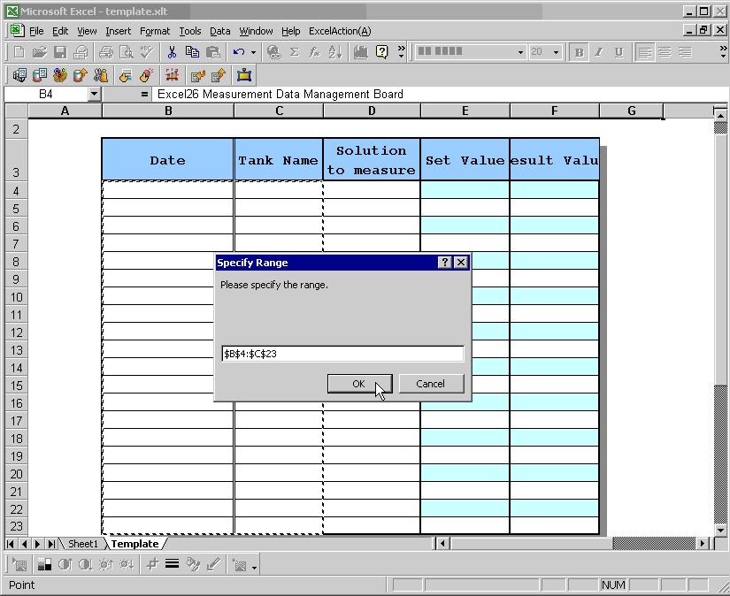 7) Drag the mouse to specify the area to use for data logging (cells B4 to C23). Then click the [OK] button.