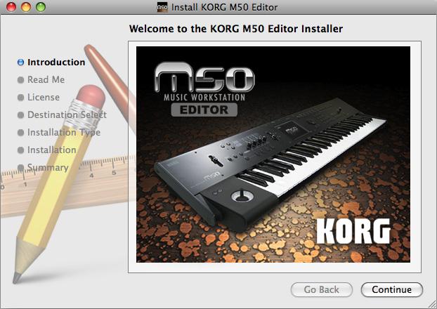Installation in Mac OS X To install the M50 Editor and M50 Plug-In Editor into Mac OS X, use the following procedure.