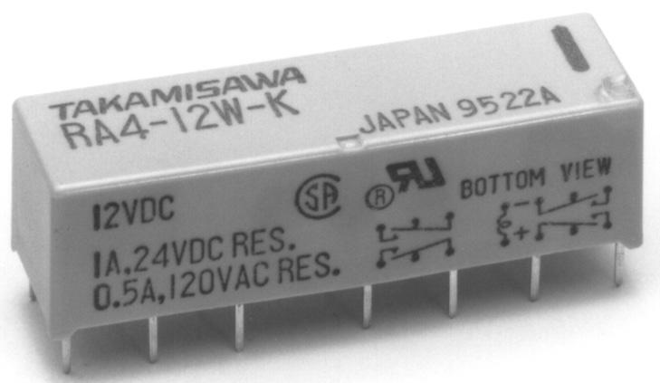 MINIATURE RELAY 4 POLES 1 to 2 A (FOR SIGNAL SWITCHING) RA4 SERIES RoHS compliant FEATURES Ultra high sensitivity High reliability-bifurcated contacts Conforms to FCC rules and regulations Part 68