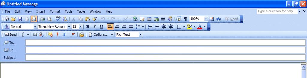 NCMail: Outlook 2003 Email User s Guide 13 Creating and sending a new e-mail message If you are in the Inbox and wish to send a new e-mail message to a person or group of persons click-on the New