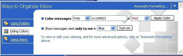 Colour Coding Messages One way of identifying particular messages in your Inbox is to use colour coding (another way is to use folders for different messages if you have problems distinguishing