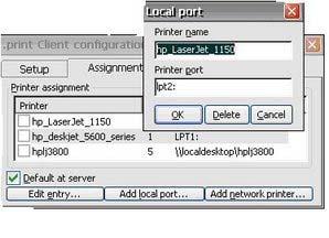 4. Click Add local port to enter a new printer name and port; for example,