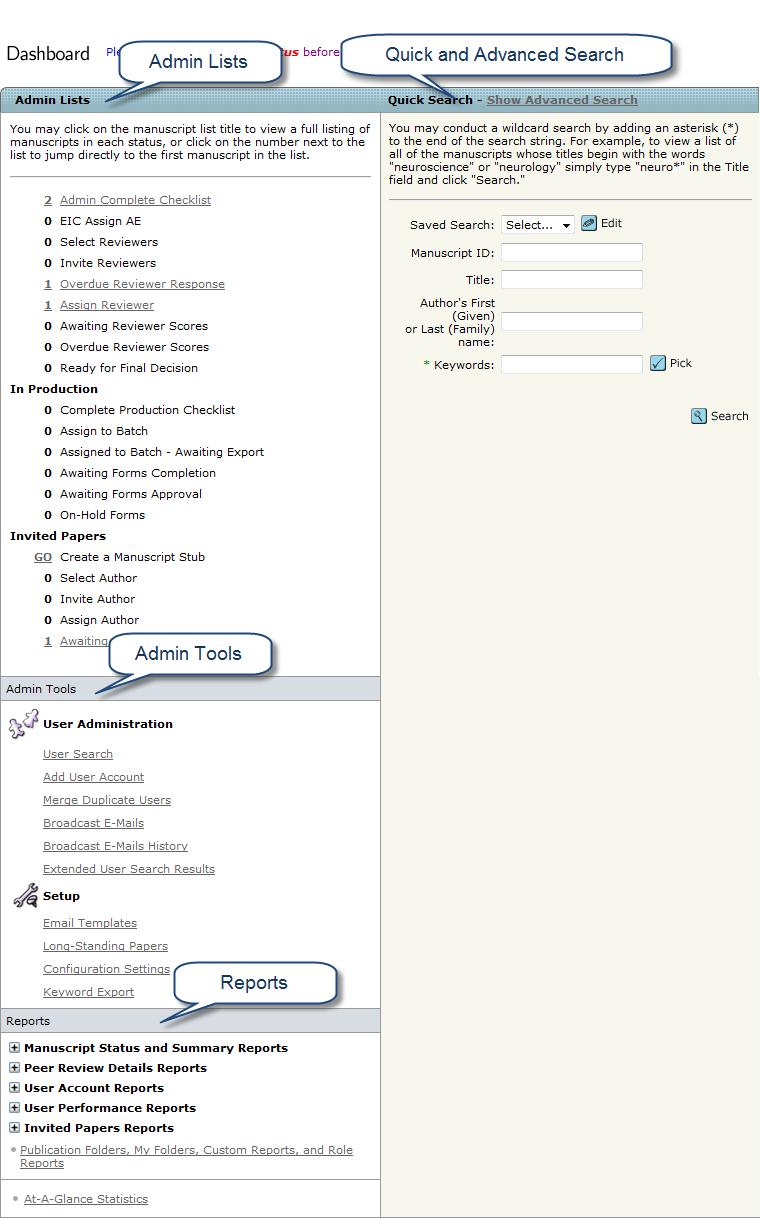 Clarivate Analytics ScholarOne Manuscripts Administrator User Guide Page 23 ADMIN CENTER OVERVIEW The Admin role is considered the Super User of the system.
