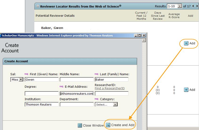 Clarivate Analytics ScholarOne Manuscripts Administrator User Guide Page 77 When adding a reviewer from Reviewer Locator, the EA clicks the Add button.