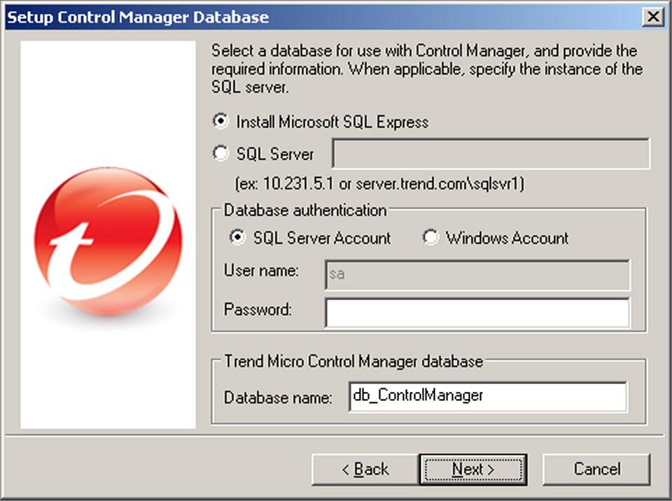 Installing Trend Micro Control Manager for the First Time The Setup Control Manager Database screen appears. FIGURE 3-11. Choose the Control Manager database 2.