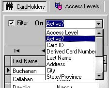 Cardholders: basic Filtering cardholder information The ACDB includes two methods for filtering and selecting cardholder records. These are the Filter check box, and the letter tabs.
