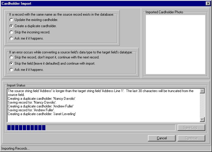 Cardholders: advanced Database Import dialog box opens the Cardholder Import dialog box. The Cardholder Import dialog box requires the configuration of two import options.