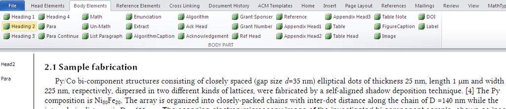 After clicking the Body Elements menu, you will get the following window to structure the manuscript using defined styles.