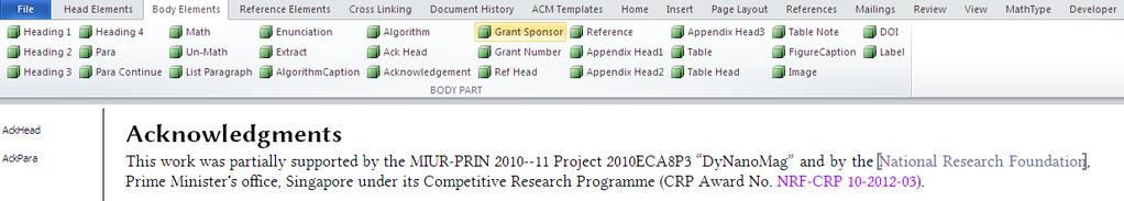 Ack Head, and the Acknowledgement paragraph style: Grant Sponsor and Grant