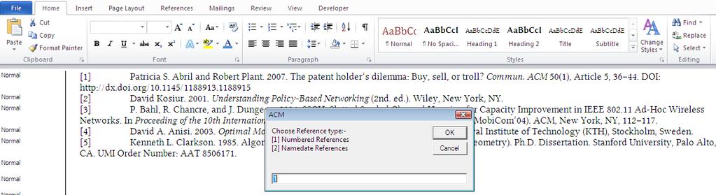 Reference Numbering: This is the first step to start the bibliography marking (it should be clicked while keeping the cursor at the beginning of the reference list).