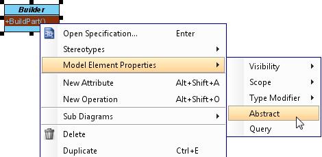 9. Set BuildPart() abstract by right clicking on it and selecting Model Element Properties > Abstract from the popup