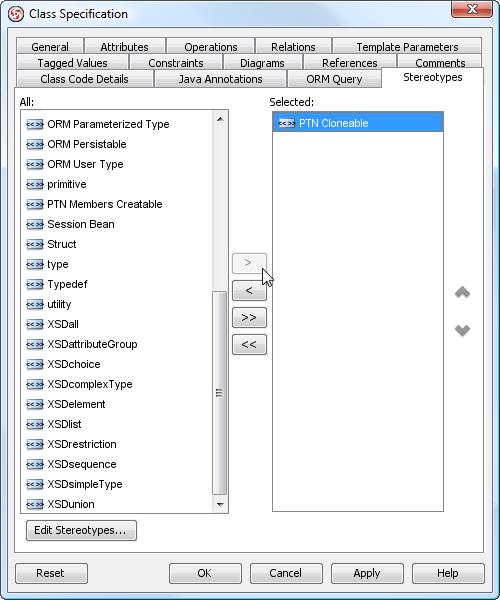 15. Select PTN Cloneable, click > to assign it to the Selected Stereotype list. Click OK to confirm. 16. In practice, there may be multiple to operations in the Builder class for creating parts.