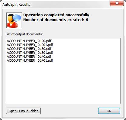 The AutoSplit Results dialog appears on screen once a processing is completed: The Results dialog will