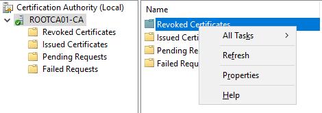j. Now, we must update the CA's CRL publication interval. We perform this by right-clicking the Revoked Certificates node and selecting Properties. 11.