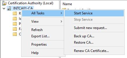 C:\Windows\System32\CertSrv\CertEnroll 10. Return to the Certification Authority management console on the intermediate CA, right click the CA, select All Tasks, then select Start Service.