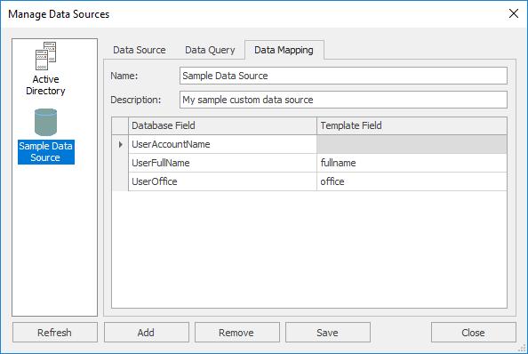 When the Data Mapping page is selected, a connection to the database specified on the Data Source page will be established and the query specified on the Data Query page will be executed to determine